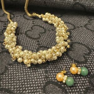 Jewelry lot ~ real champagne pearls & jade stone earrings & rhinestone necklace